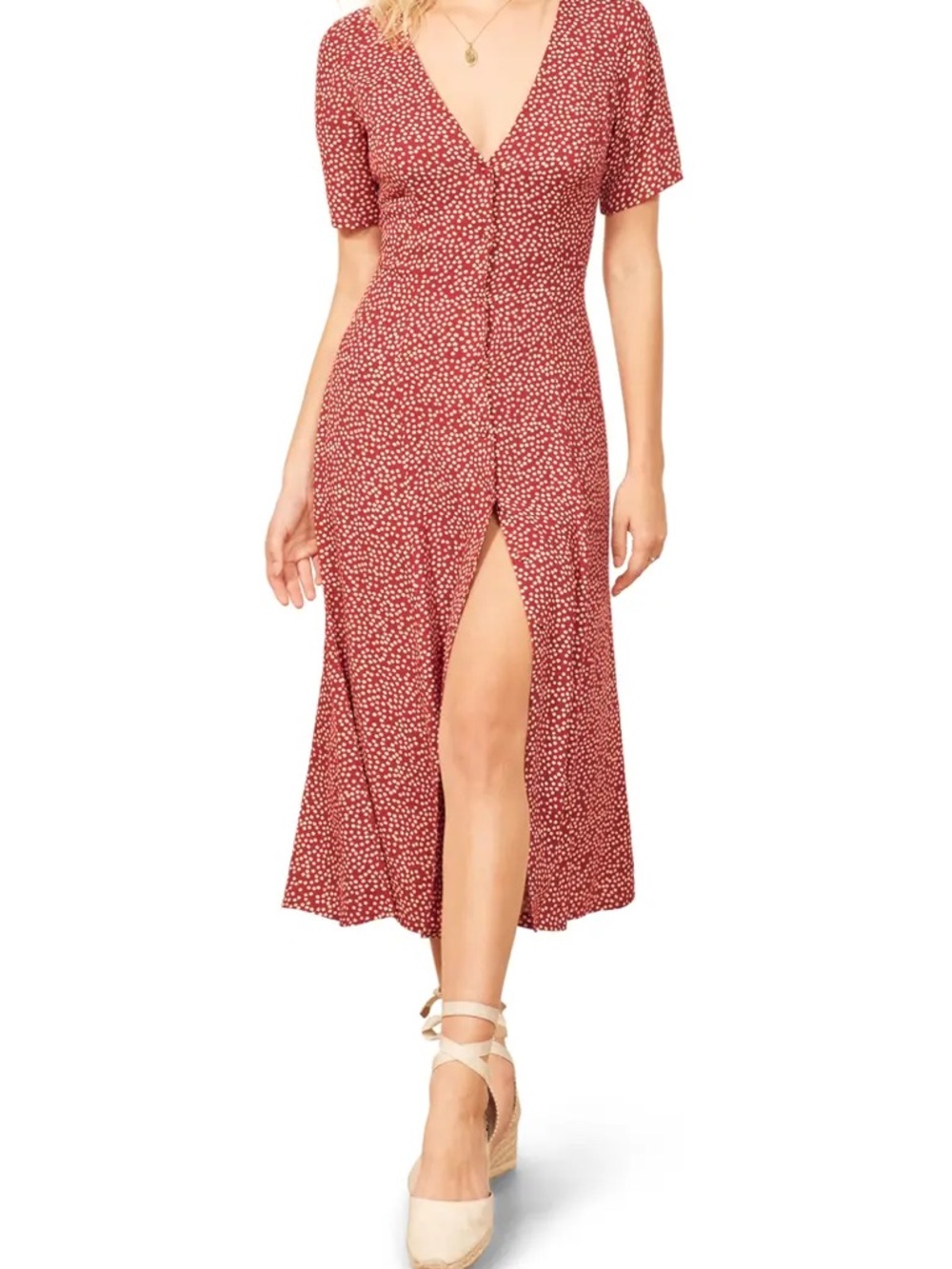 Reformation Locklin Dress in Dakota Red Button-Front Midi Dress with Slit